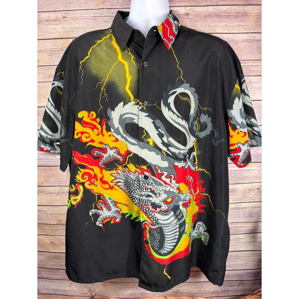 Amplify Men’s XL Button‑Up Shirt – Black with Dragon, Flames & Lightning Vintage